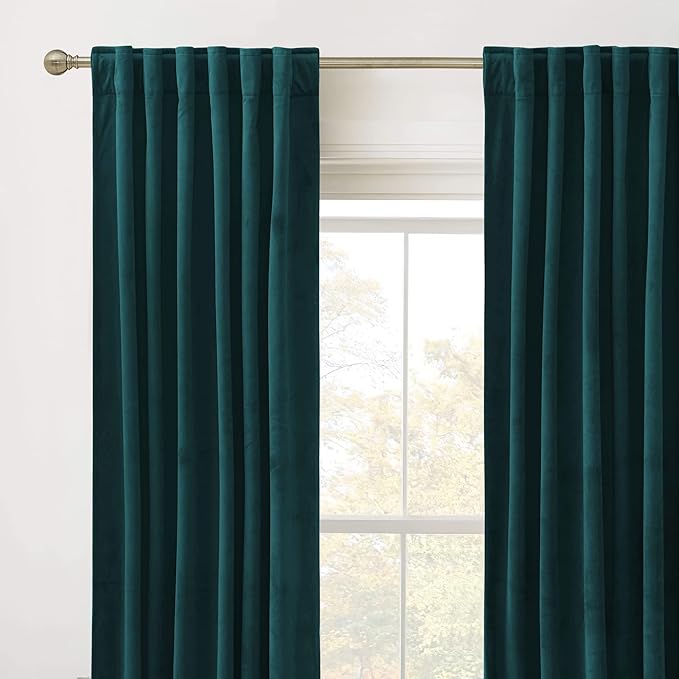 RYB Home Velvet Curtains 120 inches 2 Panels Set - Super Soft Durable Window Drapes Room Darkening Energy Smart Back Tap for Apartment Villa Room Backdrops, Peacock Blue, W52 x L120, 2 Panels