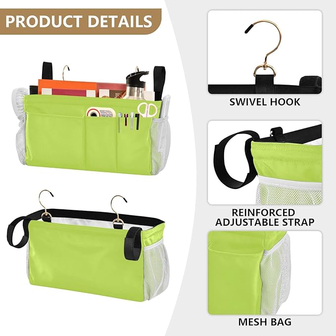 KOPIRIT Neon Yellow Bedside Caddy Storage Bag Bedside Organizer for Headboards Bunk Beds Organizer Caddy Hanging Shelf 6 Pockets with Hooks for Magazine Water Bottle Holder