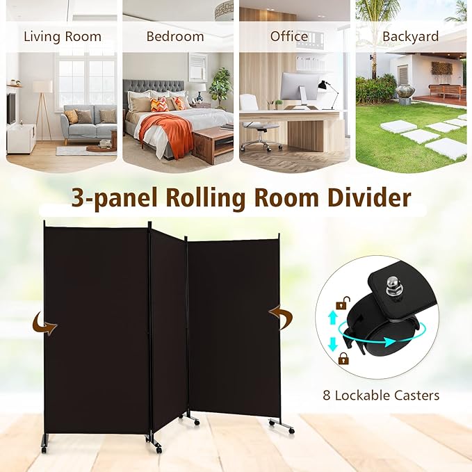 GOFLAME 3 Panel Folding Room Divider, 6FT Rolling Privacy Screen with Lockable Wheels, Portable Room Partition Screen, Freestanding Wall Divider and Separator for Home Office, Brown