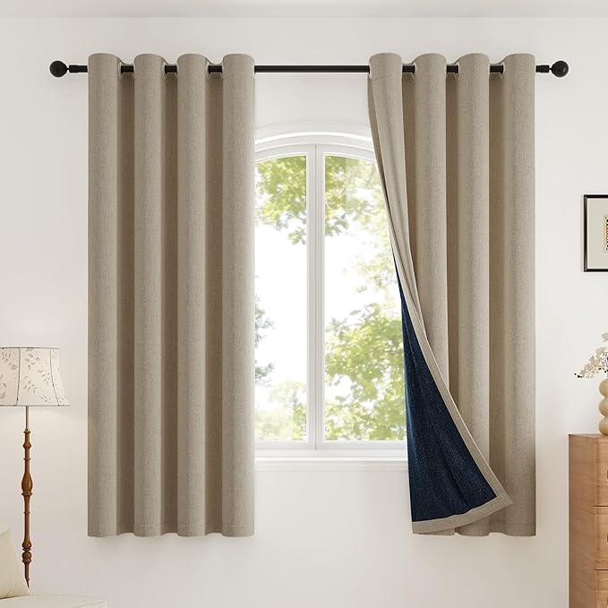 Blackout Curtains Thick Soft Curtain 2 Panels for Bedroom, Linen-Look Textured Full Light Blocking Room Darkening Thermal Insulated Drapes for Bathroom/Kitchen Windows (W52xL45, Natural)