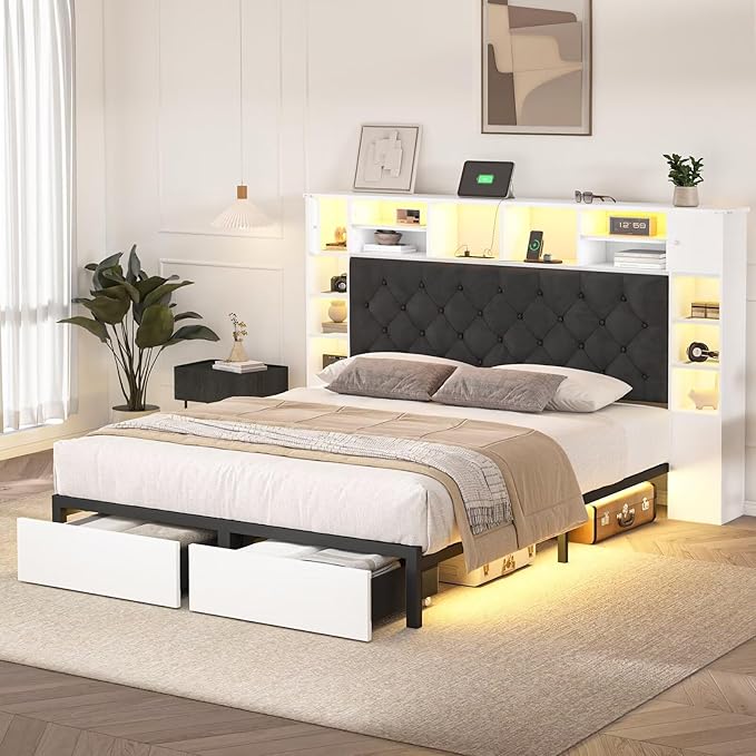 Queen Bed Frame with Bookcase Headboard and Storage Drawers, 51.2" Metal Platform Queen Size Bed Frame with Charging Station and LED Lights, Velvet Upholstered Tufted Bed Frames, White