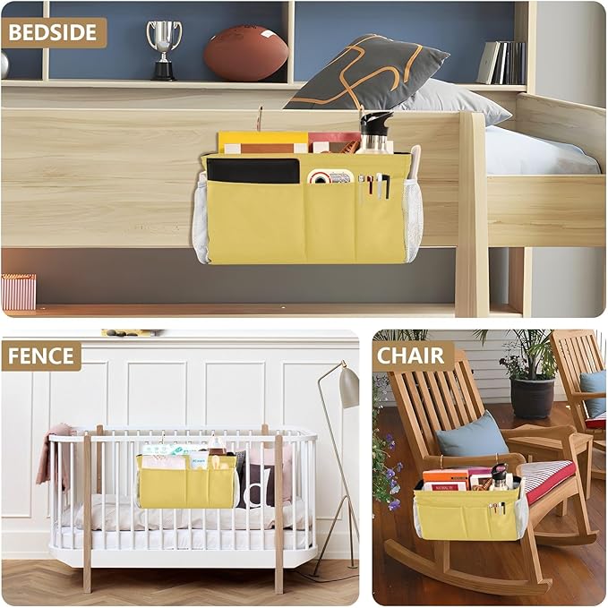 KOPIRIT Lemon Yellow Bedside Caddy Storage Bag Bedside Organizer for Dorm Room Top Bunk Bed Hanging Bag Bedside Shelf 6 Pockets with Hooks for Glasses Book Tablet Holder