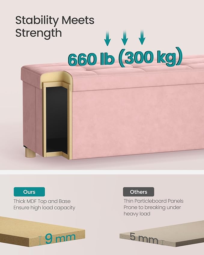 SONGMICS Storage Ottoman Bench, Folding Storage Chest, 15 x 43.3 x 15.7 Inches, Foot Rest Stool, 30 Gal. (112 L), Velvet Surface, for Bedroom, Entryway, Living Room, Jelly Pink ULSF0518R02