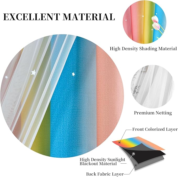 Star Curtains Blackout Curtains for Bedroom Cute Curtains Kids Curtains Rainbow Curtains, Curtains 108 Inches Long 2 Panels, Red & Yellow & Blue Curtains, 42 X 108 Inches