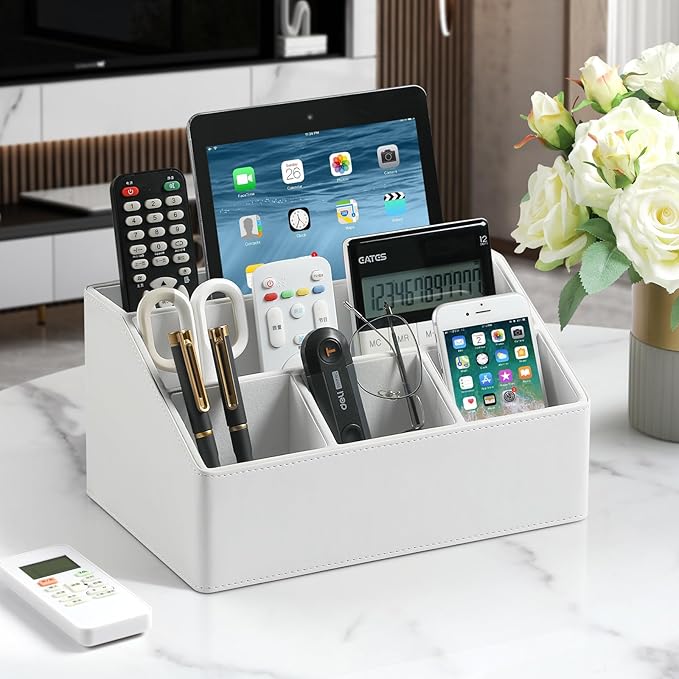 MEIBOOCH PU Leather Desk Organizer, Luxury Remote Control Holder for Home, Office Desk Accessories Table Caddy Bedside Nightstand Organizer (White)