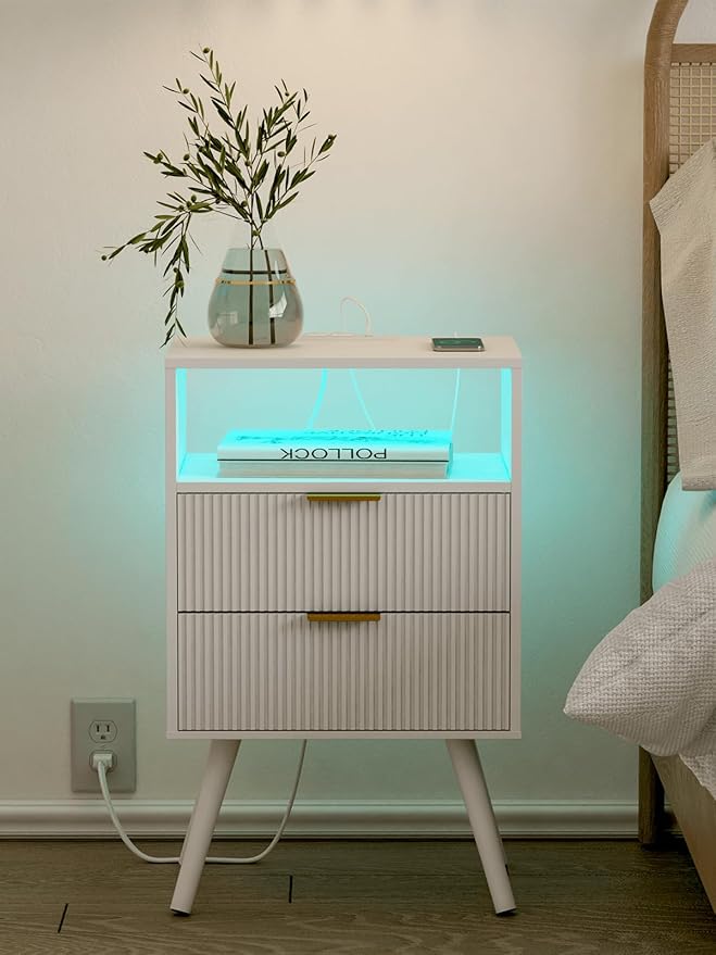 Nightstand with Charging Station and LED Lights, Modern Bedside Table with 2 Storage Drawer and Open Wood Shelf for Bedroom and Small Spaces, Night Stand with Solid Wood Legs