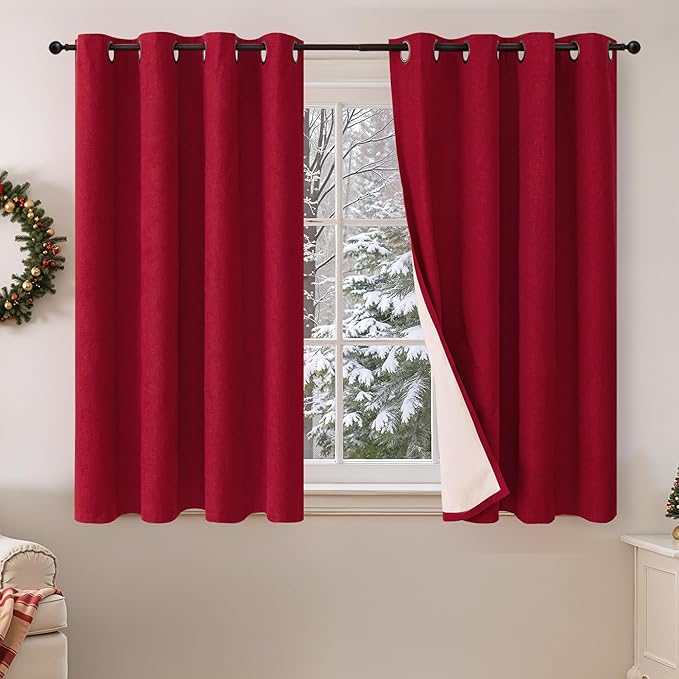Short Linen Blackout Curtains for Winter Christmas Decor 45 Inch Long, Red Thermal Insulated Short Total Light Blocking Curtains for Small Window Living Room Bedroom, Each 52x45 Inch 2 Panels