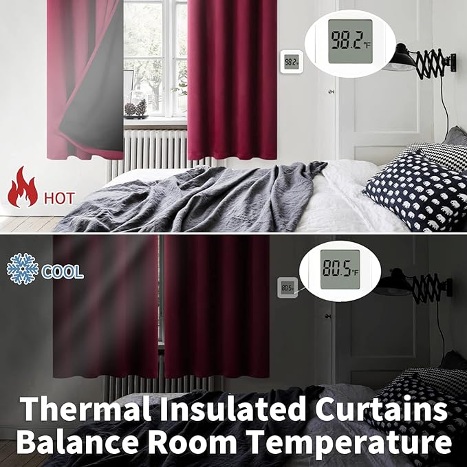BGment Short 100% Blackout Curtains for Bedroom, Thermal Insulated Lined Energy Efficiency Noise Reducing Grommet Curtains 54 Inch Length for Small Window 2 Panels Each 42 Inch Wide, Burgundy Red