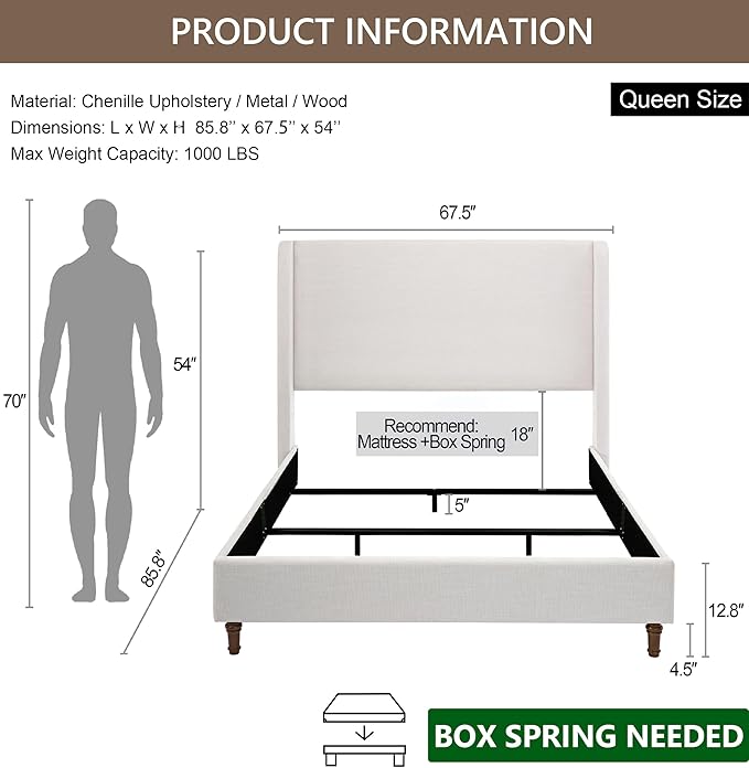 Harper Upholstered Wingback Bed Frame with 54" Extra-Tall Headboard - Modern Textured Chenille Platform Bed, Solid Oak Wood Feet, Sturdy Metal Foundation, Box Spring Required(Ivory Queen)