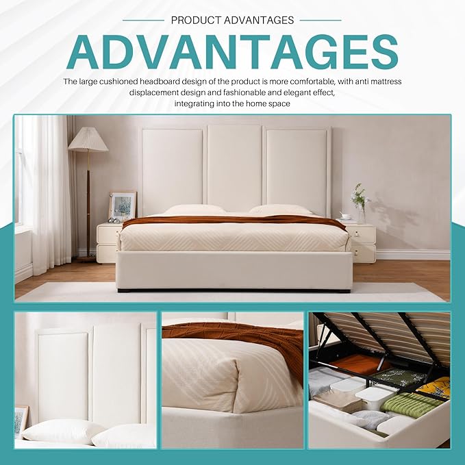 YUHUASHI King Size Bed Frame with 64-inch High Headboard, Simple and Airy Linen Upholstered Platform Bed with Storage Drawers, Wood Slat, No Noise (Beige, King(Hydraulic Lift))