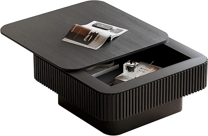 LKTART Coffee Table for Living Room, Accent Fluted Square Coffee Table with Hidden Storage, Modern Solid Wood Veneered Circle Center Tea Table for Small Space Apartment (31.5''D×14''H-Black)