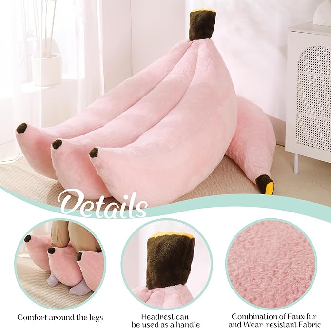 Banana Bean Bag Chair with Ottoman, Floor Sofa Bed with Footrest, Comfy Convertible Lounger for Adults, Plush Couch for Bedroom, Living Room or Dorm, L-Pink