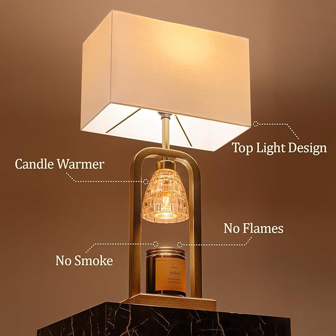 PoKat Gold Table Lamps with Candle Warmer & Timer for Bedroom, Mid Century Modern Modern Bedside Lamps Set of 2 for Night Stands, 21.5'' Bedroom Lamps Decor for Living Room Hallway, Bulbs Included