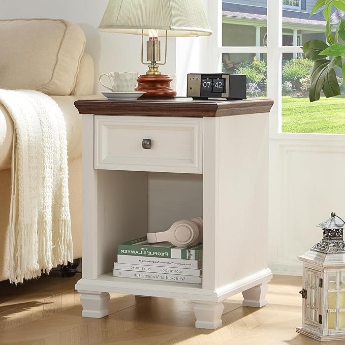 SAVOR LIFE Farmhouse End Tables Living Room with Drawer, Rustic Wood Nightstand with Charging Station, Bedside Table with Open Shelf for Bed Room, Living Room, White