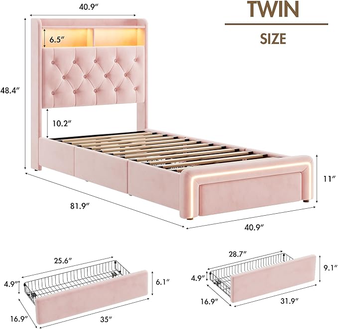 Twin LED Bed Frame with Storage Headboard & Charging Station, Velvet Fabric Platform Bed Frames with 3 Drawers, Button Tufted Upholstered, No Box Spring Needed, Pink