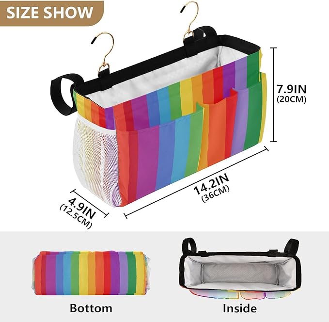 Bedside Caddy Hanging Bunk Bed Caddy Bed Organizer Hanging Pocket with 2 Hooks Bedside Storage Organizer Pocket Bag Holder Vibrant Colorful Stripes