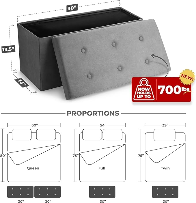 Sorbus Storage Ottoman Bench – Collapsible/Folding Bench Chest with Cover – Perfect Toy and Shoe Chest, Hope Chest, Pouffe Ottoman, Seat, Foot Rest, – Contemporary Faux Suede (Gray)
