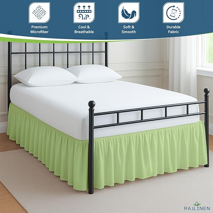 Rajlinen Ruffled Bed Skirt Full, 24 Inch Drop Dust Ruffle with Split Corners, 100% Microfiber Bedskirt with Platform, Three-Sided Coverage Ruffled Gathering Design, Sage