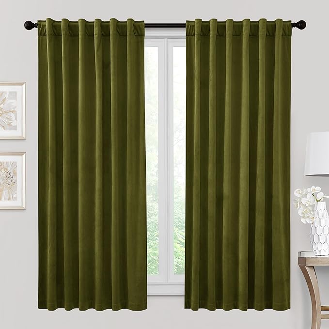 RYB HOME Velvet Curtains 72 inches Length, Back Tab & Rod Pocket Soft Fabric Curtains & Drapes for Bedroom Bathroom Cafe, Moss Green, W 42 x L 72, 2 Panels Set