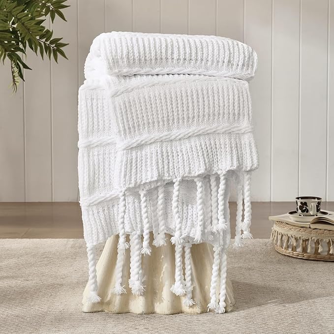 Boho Knitted Chenille Blanket with Tassels - Lightweight & Soft All-Season Throw - 3D Classic Pattern for Living Room Bedroom Couch, Cloud White, Throw 50"x60"
