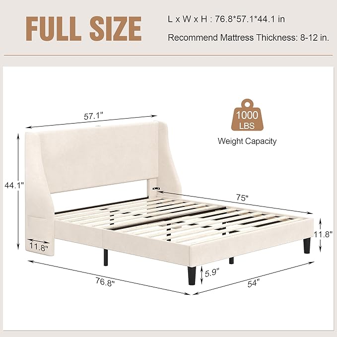 VECELO Full Bed Frame with Upholstered Wingback Headboard, Heavy-Duty Platform Bedframe with Charging Station, Wooden Slats, No Box Spring Needed, Beige