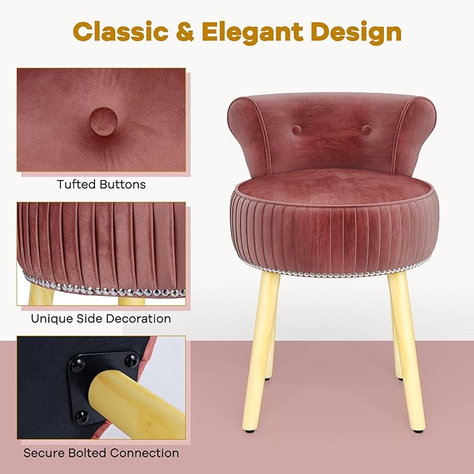 CHARMAID Velvet Vanity Chair for Bedroom, Elegant Accent Chair with Tufted Low Back, Solid Wood Legs, Upholstered Seat, Modern Makeup Stool for Dressing Room, Home Office (Burgundy & Natural)