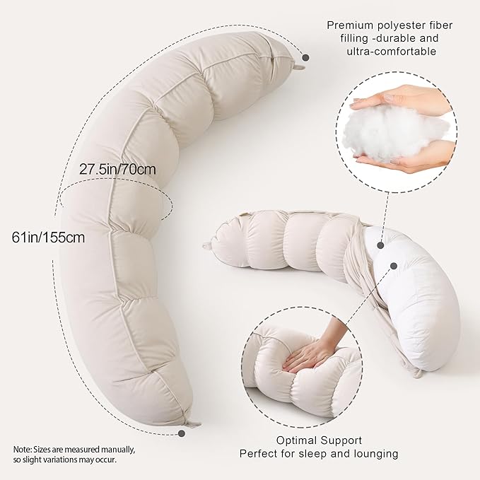 Peallow(Pat. Pend) – Long Round Body Pillow for Adults, Bolster Pillow for Sleeping, Soft and Supportive Pillow for Sleeping & Lumbar Support (Misty White,47")