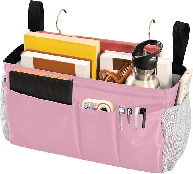 KOPIRIT Rose Red Bedside Caddy Storage Bag Bedside Organizer for Dorm Room Top Bunk Bed Hanging Storage Organizer 6 Pockets with Hooks for Book Glasses Phone Holder