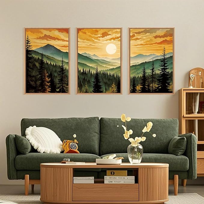 LHIUEM Large Boho Sunset Mountain Framed Canvas Wall Art,Retro Pine Tree Wall Decor,Nature Foggy Forest Wall Painting,Bohemian Landscape Artwork for Living Room,Bedroom,Dining Room,Office -16"x24"x3