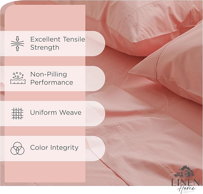 Linen Home 100% Cotton Percale Sheets Full Size, English Rose, Deep Pocket, 4 Pieces Set - 1 Flat, 1 Deep Pocket Fitted Sheet and 2 Pillowcases, Crisp Cool and Strong Bed Linen