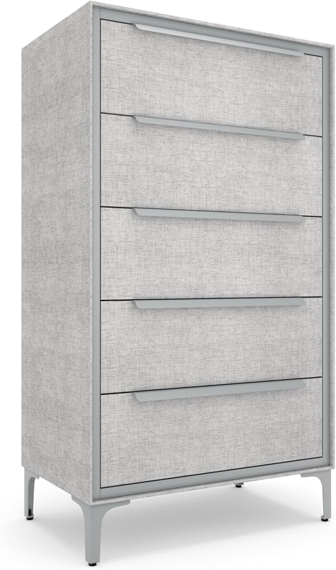 tinge Naima Premium Fabric Dresser - Strong Metal Frame, 5 Spacious Sag-Proof Drawers with Sleek Metal Handles - Premium & Durable Storage Solution for Your Home (Silver)
