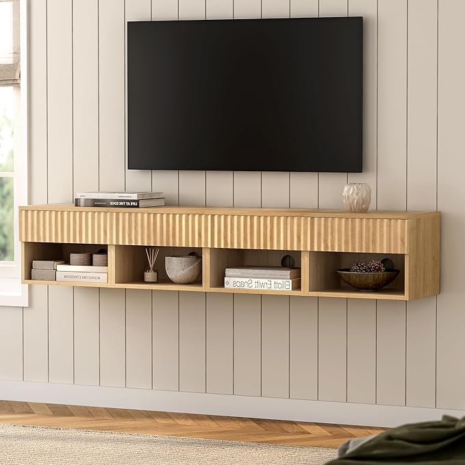 Floating Nightstands Set of 2 with Drawer and Open Shelf, Small Wall Mounted Bedside End Table, Modern Fluted Night Stand for Bedroom, Living Room, Natural Oak