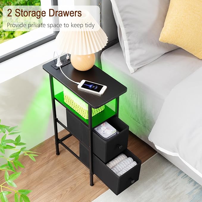 LOAKEKEL Narrow End Table Living Room with Charging Station, Skinny Side Table with Fabric Drawers, Slim LED Nightstand for Bedroom, Small Spaces, Couch, Black, HETNDP02LBK-1