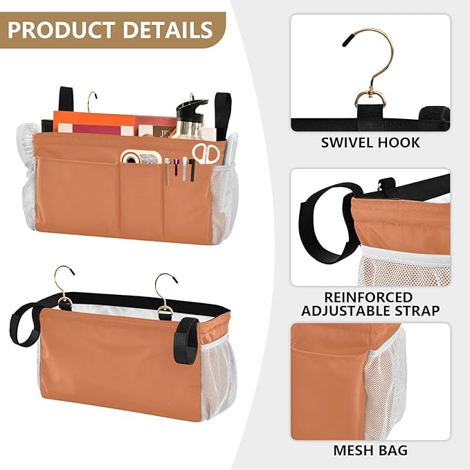 KOPIRIT Orange Bedside Caddy Storage Bag Bedside Organizer for Bed Rails College Dorm Room Hanging Bag Bedside Shelf 6 Pockets with Hooks for Glasses Book Tablet Holder