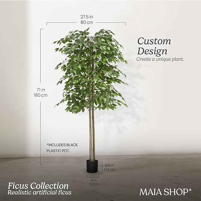 Maia Shop 71in Artificial Ficus Tree Plant for House, Apartment or Office – Realistic Fake Indoor Plants for Living Room, Kitchen, Bedroom, Entryway or Bathroom – Faux Greenery for Home Décor
