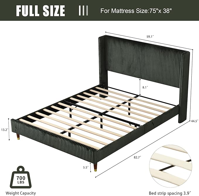 PINJU Full Size Bed Frame, Upholstered Platform Bed with Modern Vertical Striped Wingback Headboard with Wooden Slats, Easy to Assemble No Noise Free (Green, Full)