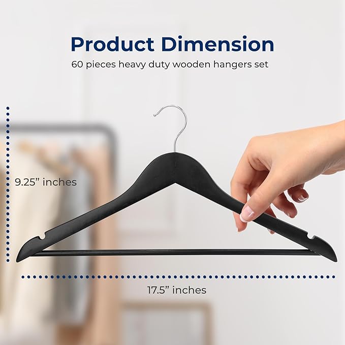 SereneLife 60-Pack Premium Black Wooden Suit Hangers – Heavy-Duty Solid Wood Coat Hangers with 360° Chrome Swivel Hook & Notches – Space-Saving, Non-Slip Design for Shirts, Jackets & Dresses