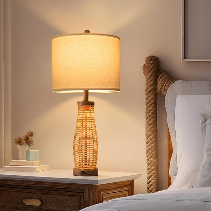 OYEARS 28" Table Lamps Set of 2 with Dual Night Lights, Bedside Lamps for Bedroom, Boho Lamp for Living Room, Rattan Table Lamp with Linen Shade, Farmhouse Lamp with Wood Grain Finish (Bulb Included)