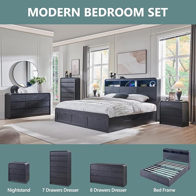 25" Tall Modern Nightstand with Charging Station, 23.6'' Wide Wood Bedside Table w/3 Storage Drawers, Small Dresser w/Curved Profile Design, End Table for Bedroom, Black