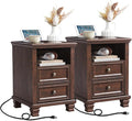 SAVOR LIFE Farmhouse Nightstand Set of 2 with Charging Station, Rustic Brown Nightstand, 2 Drawers End Table, Bedside Table with Open Shelf for Bedroom, Walnut