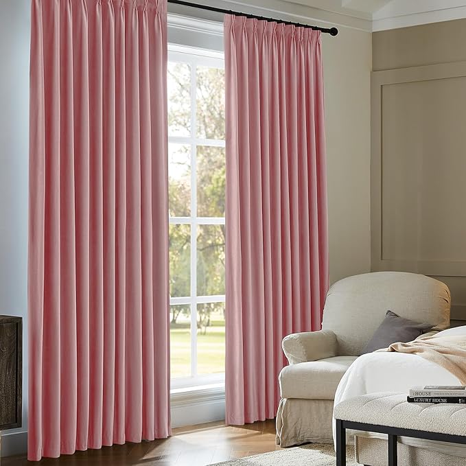 Pinch Pleated 100% Blackout Curtains for Bedroom, Pink Velvet Curtains for Living Room, Black Out Curtain 96 inch Long Room Darkening, Blackout Pinch Pleat Drapes with Hooks 2 Panels