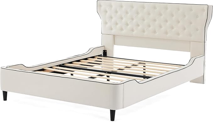 Christopher Knight Home Salus Linen Upholstered Queen Size Bed Frame with Headboard, Modern Queen Bed Frame and Headboard, Wooden Slats Support, Easy Assembly, No Box Spring Needed, Beige