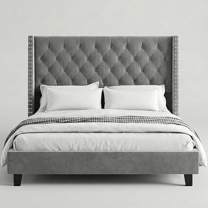 Queen Bed Frame Velvet, 47.2" Tall Wingback Headboard with Tufted Nailhead Trim, Upholstered Platform Bed with Sturdy Wood Slats, Robot Vacuum Friendly, No Box Spring Needed, Grey