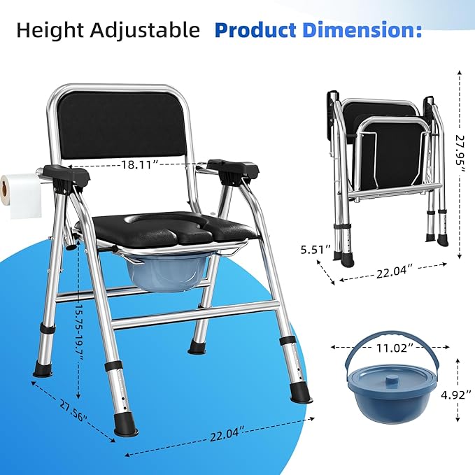 4 in 1 Folding Bedside Commode Chair for Elderly with Arms and Back,Adjustable Height Raised Toilet Seat with Handles,Adults Potty Chair for Seniors,Disabled and Pregnant (with Paper Roll Holder)