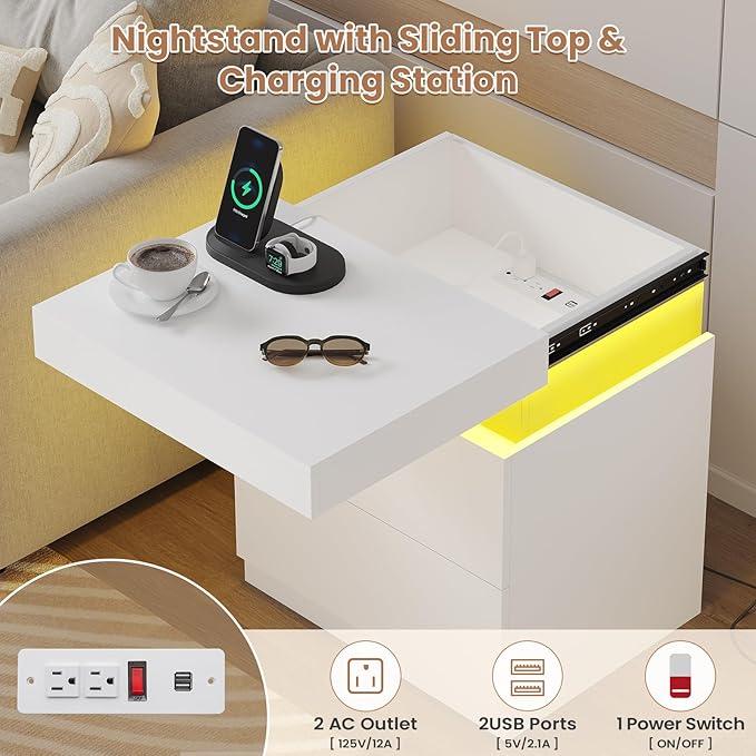 ADORNEVE White Nightstand Set of 2,Night Stand with Charging Station & LED Light & Sliding Top,Bedside Table with Drawers,Modern Bed Side Tables Bedroom