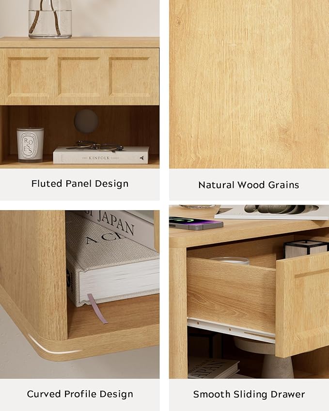Floating Nightstand Set of 2, Wall Mounted Bedside Table with Storage Drawer and Open Shelf, Night Stand with Curved Corners for Living Room, Bedroom, Dorm, Natural Oak
