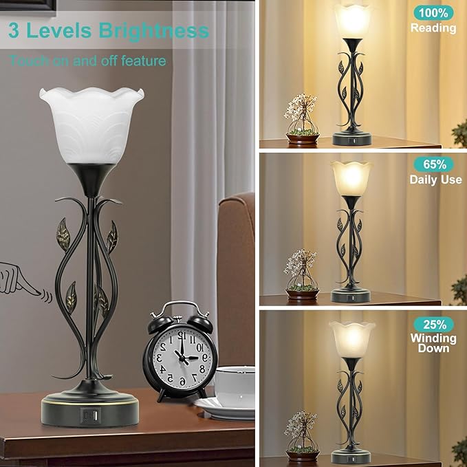Bedside Lamps Set of 2, Table Lamp with USB Port 3 Way Dimmable Touch lamp Torchiere Nightstand Lamps with Rustic Vines Leaf and Glass Flower Shade lamp for Bedroom, Living Room, Office