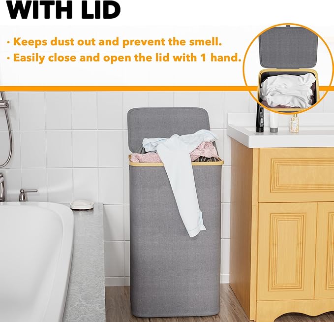 SpaceAid Laundry Hamper with Lid, 110L Large Tall Clothes Basket Bin with Bamboo Handles, Collapsible Laundry Hamper for Bedroom, Bathroom, Dorm, Laundry Room - Grey