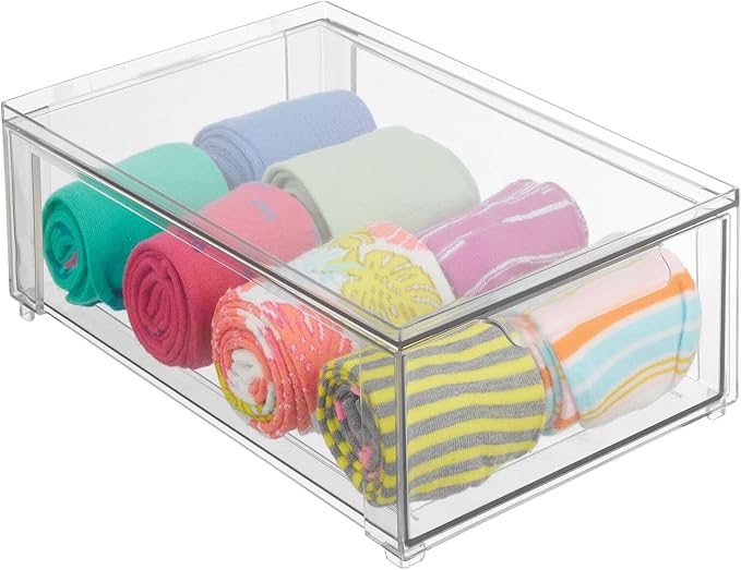 mDesign Plastic Storage Box with Drawer – Low Plastic Shoe Storage Bin – Stackable Box for Accessories etc. – Pack of 2 – Transparent