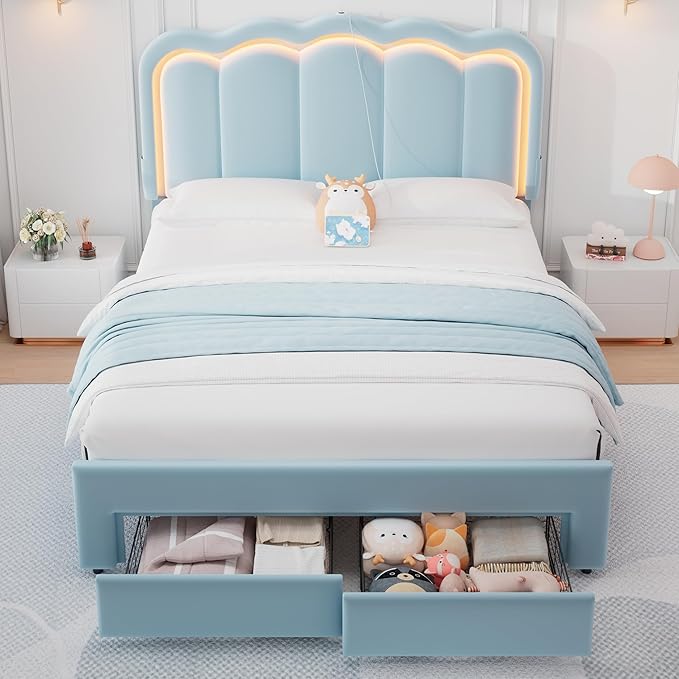 Velvet Upholstered Full LED Bed Frame with 2 Storage Drawers and Adjustable Chic Double Wavy Headboard, Princess Platform Bed with Charing Station, Solid Wood Slats Support,No Box Spring Needed,Blue